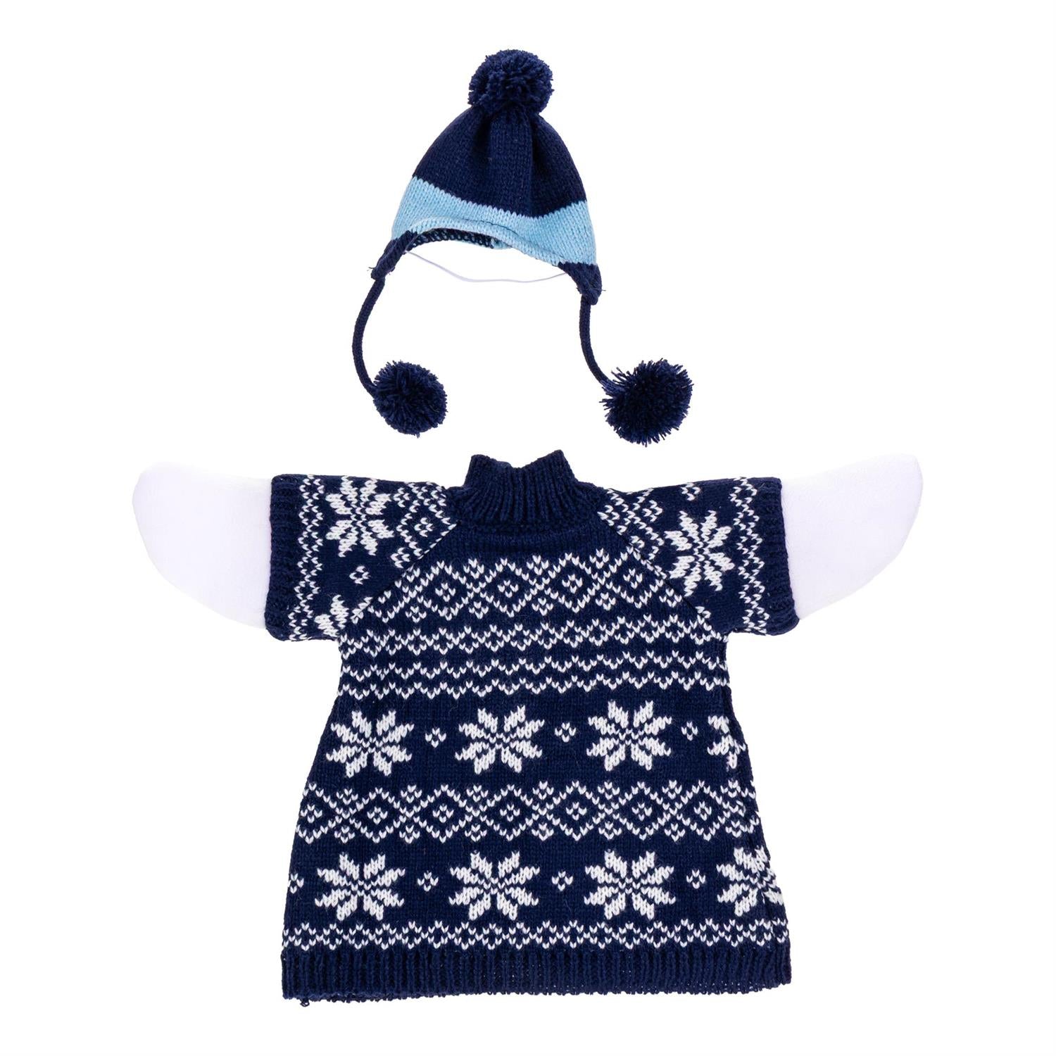 Giddy the Goose Blue Snowflake Sweater Outfit by Evergreen featuring a navy Fair Isle sweater and coordinating knit winter hat with pom-pom details.
