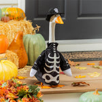 Giddy the Goose wearing a glow-in-the-dark skeleton outfit for Halloween porch décor and spooky seasonal decorating.