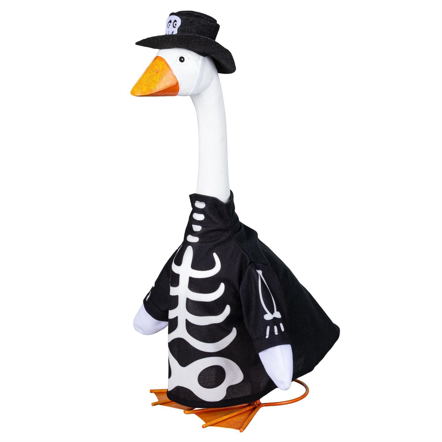 Giddy the Goose wearing a glow-in-the-dark skeleton outfit for Halloween porch décor and spooky seasonal decorating.