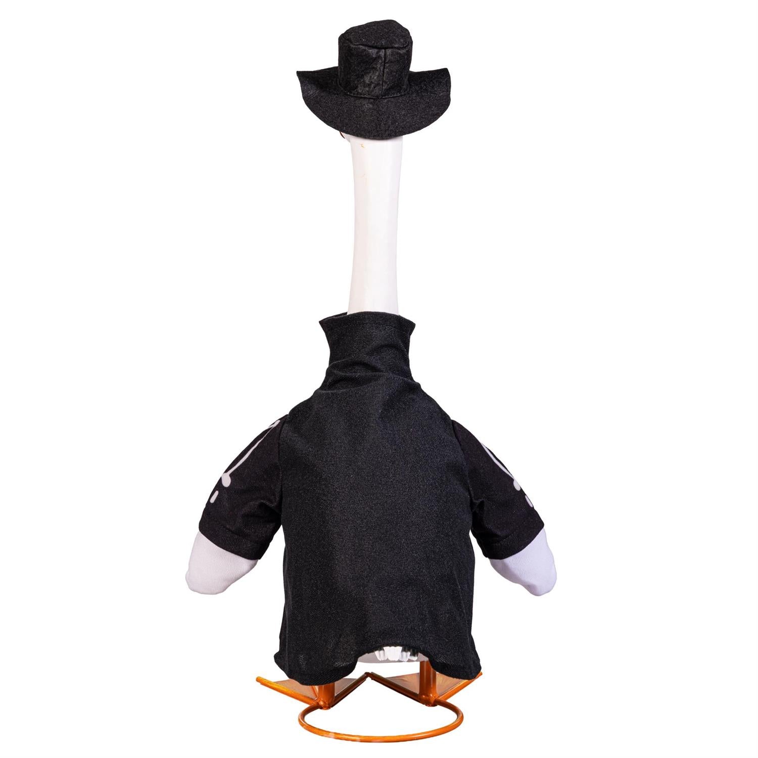 Giddy the Goose wearing a glow-in-the-dark skeleton outfit for Halloween porch décor and spooky seasonal decorating.