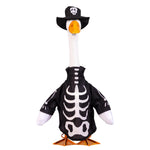 Giddy the Goose wearing a glow-in-the-dark skeleton outfit for Halloween porch décor and spooky seasonal decorating.