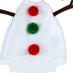 A white plush snowman hat with brown twig arms and three decorative pom-poms in red and green on the front, shown against a plain white background.