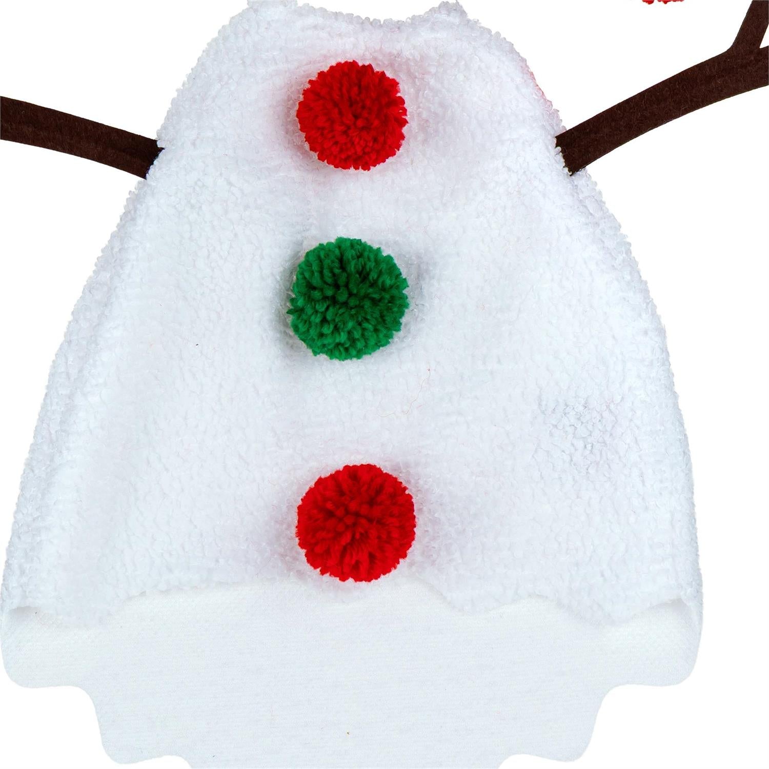 A white plush snowman hat with brown twig arms and three decorative pom-poms in red and green on the front, shown against a plain white background.