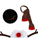 A Christmas-themed accessory set featuring a black felt top hat with a red and green holly accent, a red and green striped knit scarf with fringe, and a white snowman body decoration with a red pom-pom and brown branch arms, all on a plain white background.