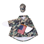 Camouflage shirt with American flag patch and matching cap on a white background