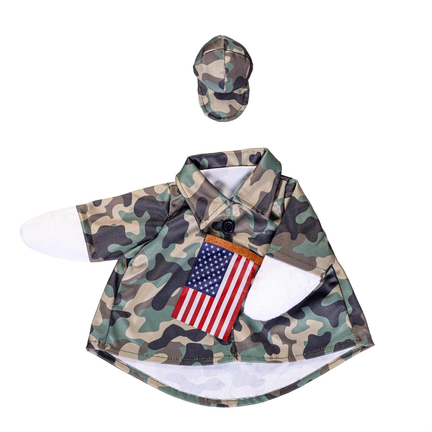 Camouflage shirt with American flag patch and matching cap on a white background