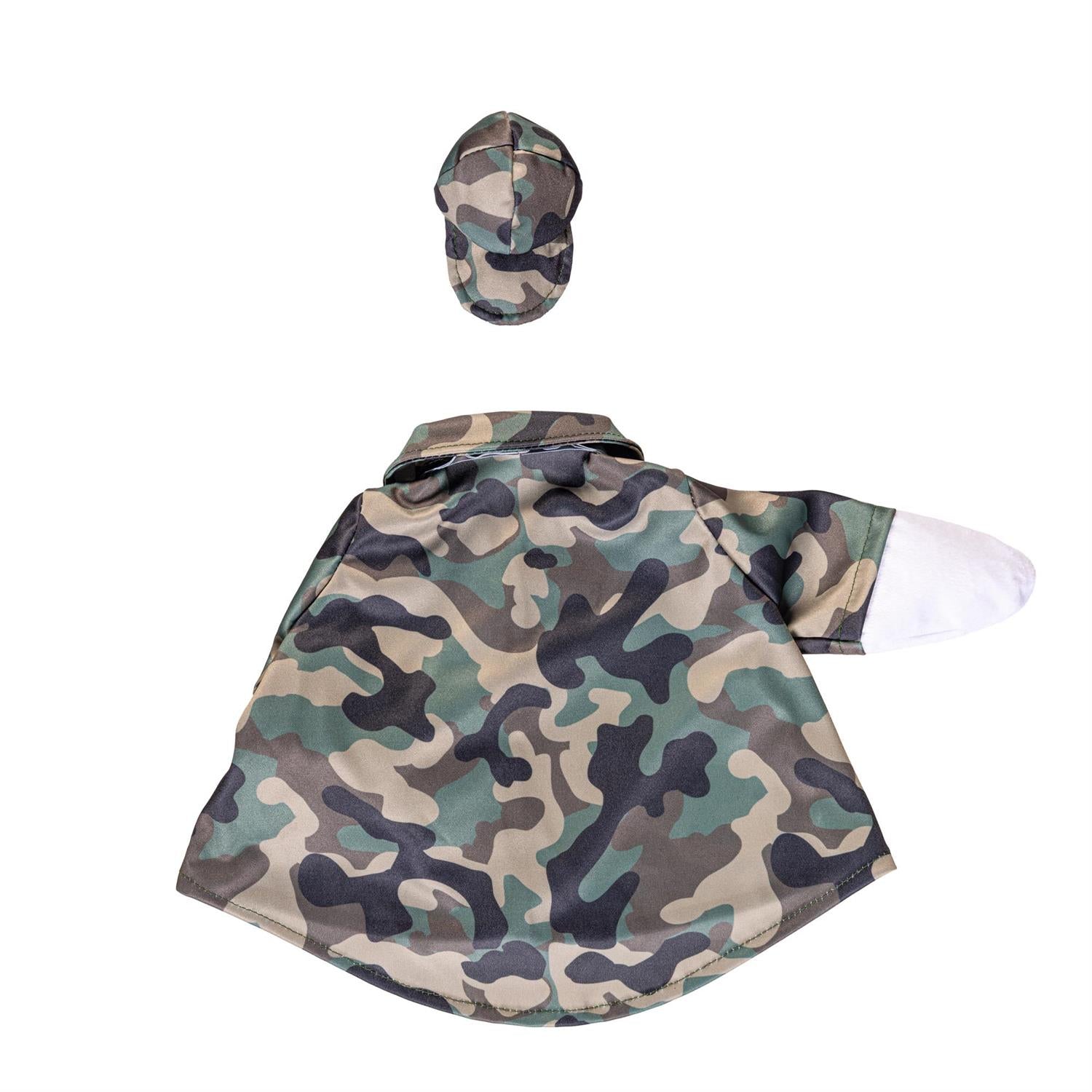 Giddy the Goose camouflage outfit featuring a camo shirt, matching cap, and American flag accessory, designed for fall and outdoor-themed porch décor.