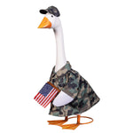 Decorative goose figure wearing a camouflage outfit and holding an American flag on a white background