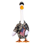 Giddy the Goose camouflage outfit featuring a camo shirt, matching cap, and American flag accessory, designed for fall and outdoor-themed porch décor.