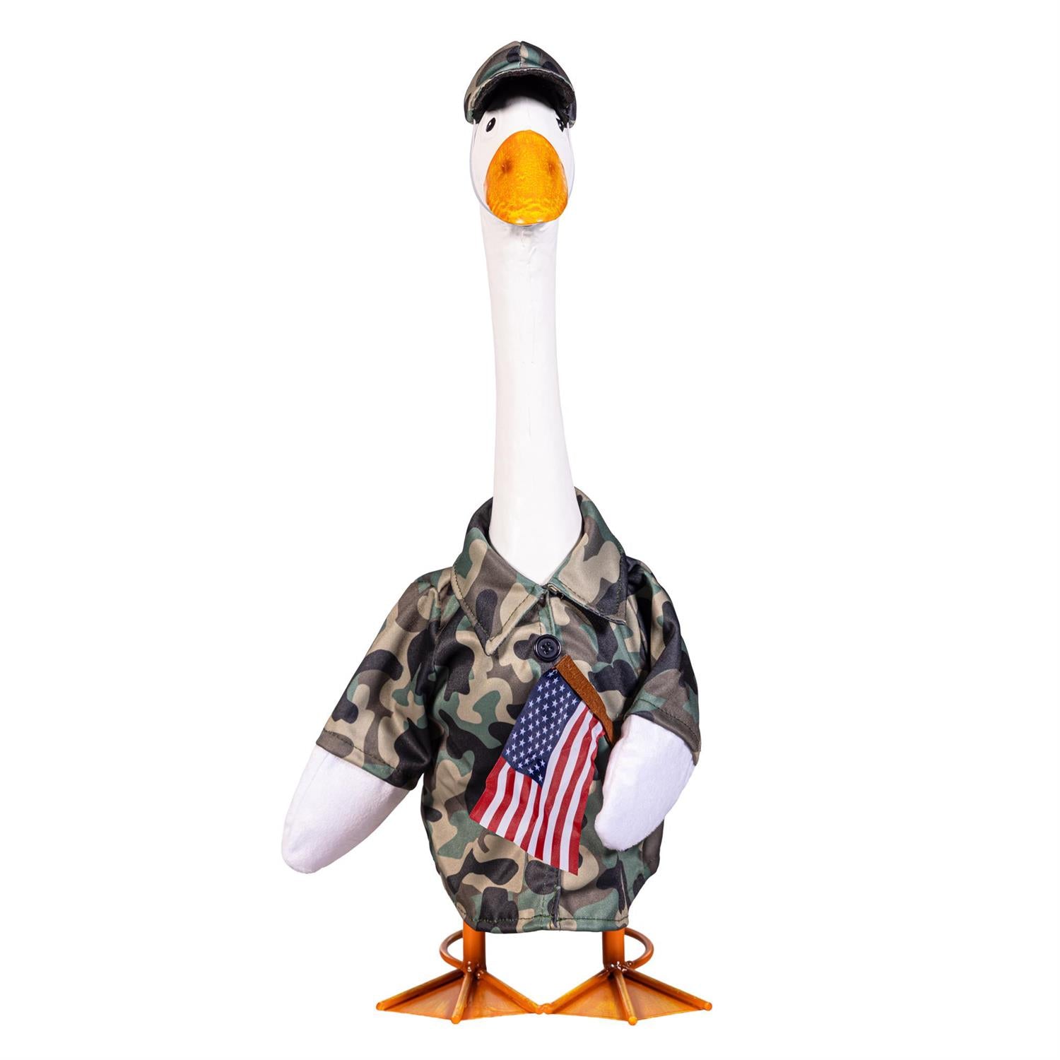 Giddy the Goose camouflage outfit featuring a camo shirt, matching cap, and American flag accessory, designed for fall and outdoor-themed porch décor.