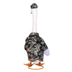 Giddy the Goose camouflage outfit featuring a camo shirt, matching cap, and American flag accessory, designed for fall and outdoor-themed porch décor.