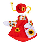 Giddy the Goose Sunflower Dress outfit featuring a sunflower-print top, orange jumper dress, matching hat, and sunflower treat bag.