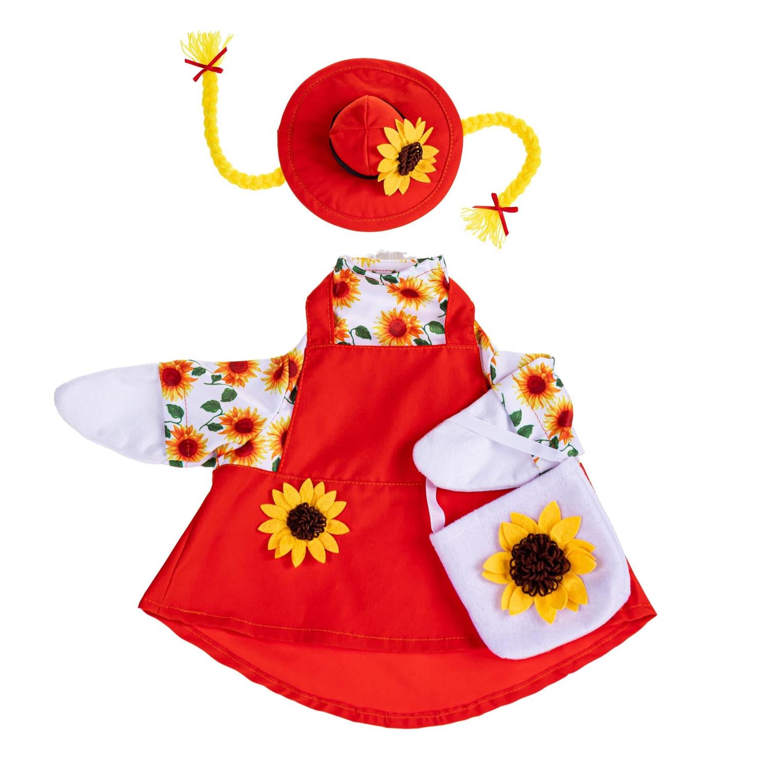 Giddy the Goose Sunflower Dress outfit featuring a sunflower-print top, orange jumper dress, matching hat, and sunflower treat bag.
