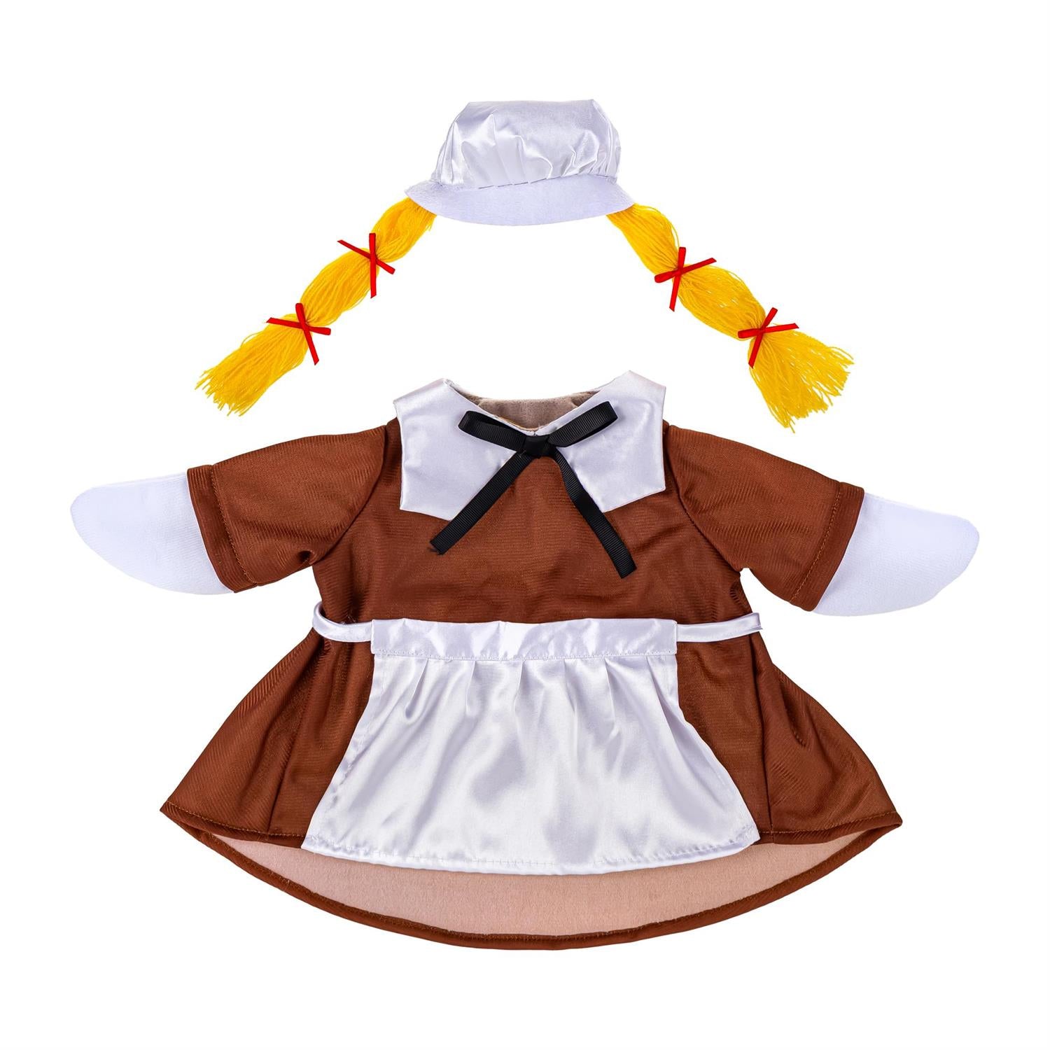 Giddy the Goose Female Harvest Pilgrim Outfit featuring a brown Pilgrim dress, white apron, bonnet, and braided accents.