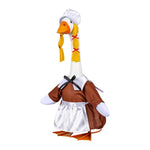 Giddy the Goose dressed in a traditional female Pilgrim outfit with bonnet and white apron for Thanksgiving and harvest décor.