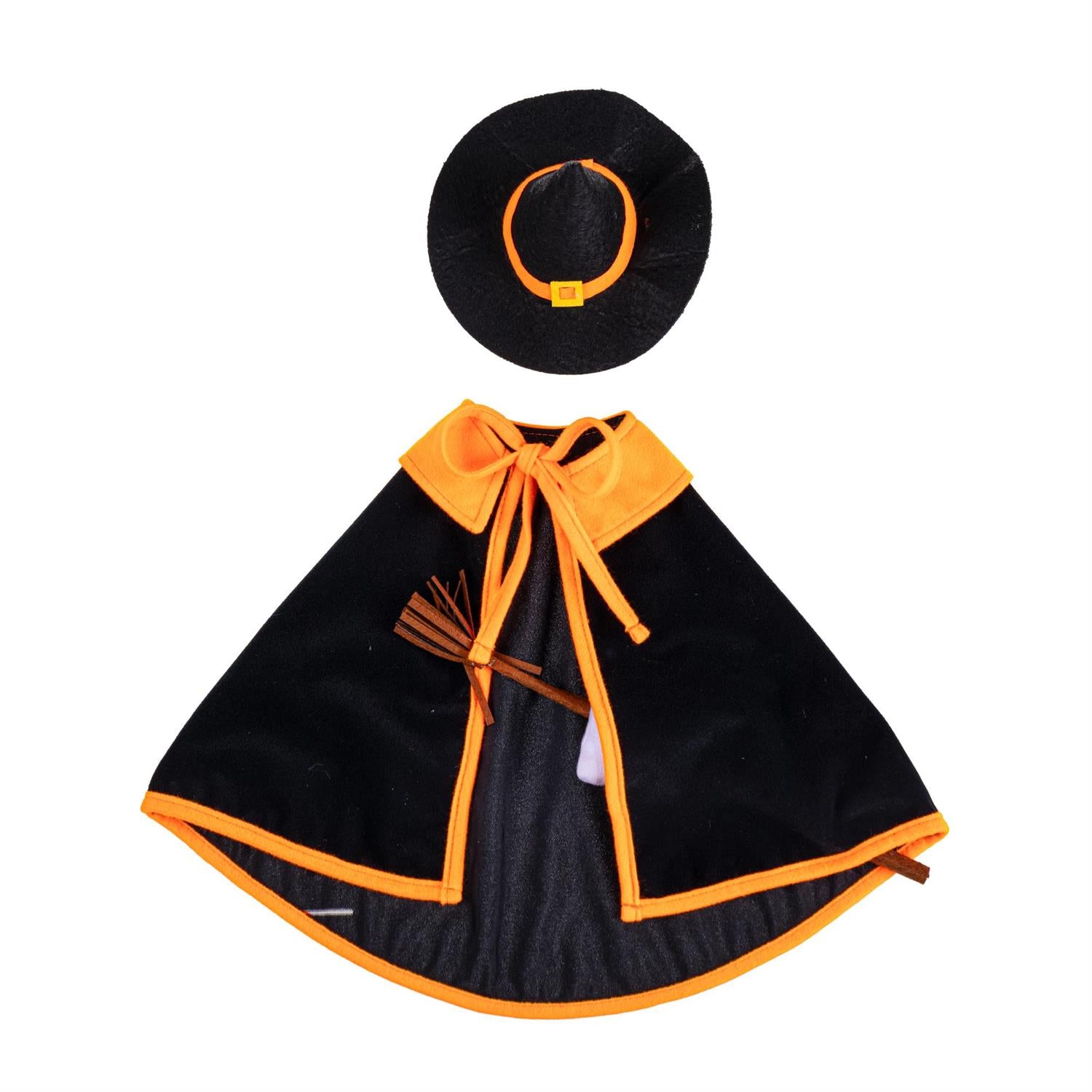 Giddy the Goose Witch Outfit featuring a black cape with orange trim, pointed witch hat, and broom accessory.