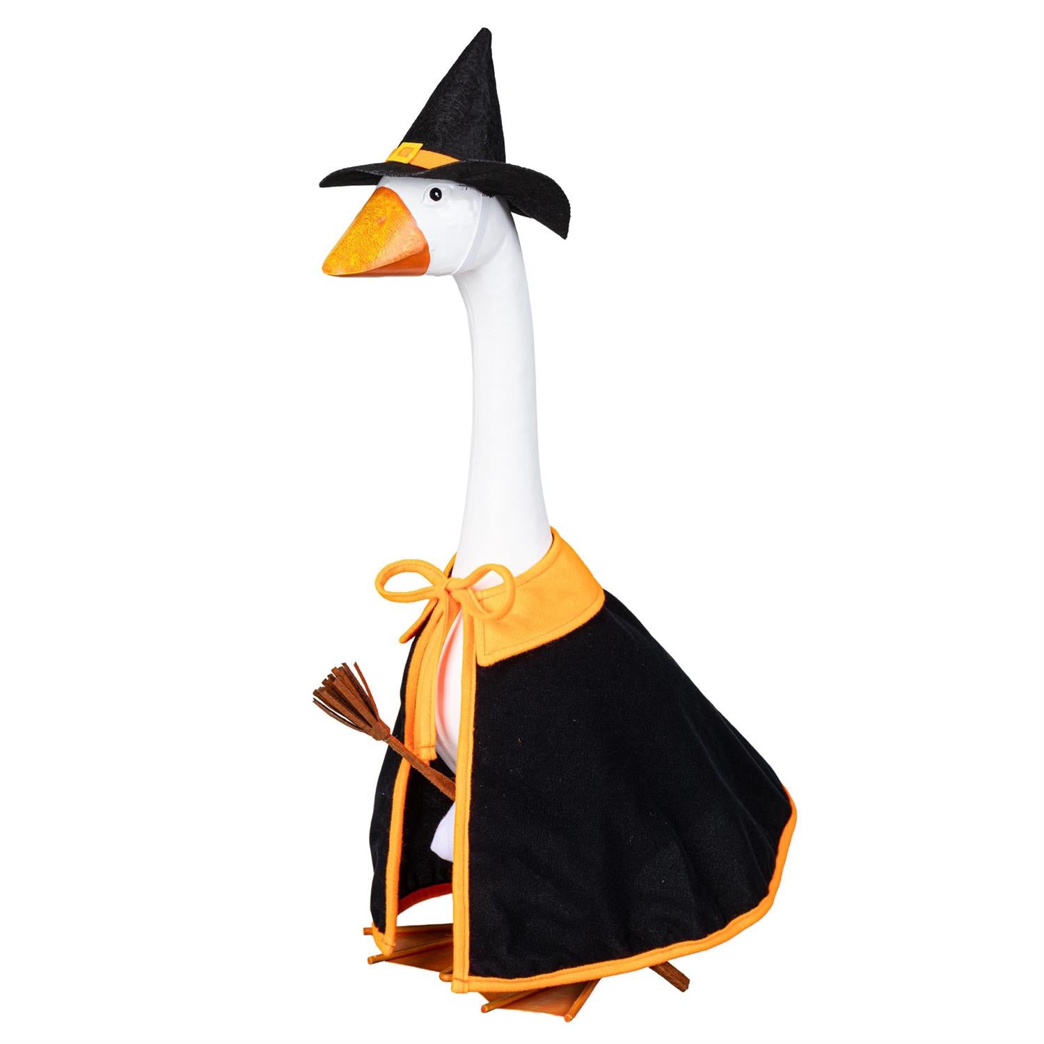 Giddy the Goose dressed in a Halloween witch outfit with a pointed hat, black cape, and broom for spooky seasonal décor.