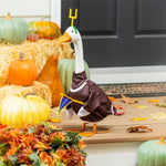 Giddy the Goose wearing a football goal post outfit with jersey, goal post headpiece, and Touchdown pennant on a fall porch.
