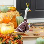 Back view of Giddy the Goose wearing a football goal post outfit with football jersey on a festive fall porch.