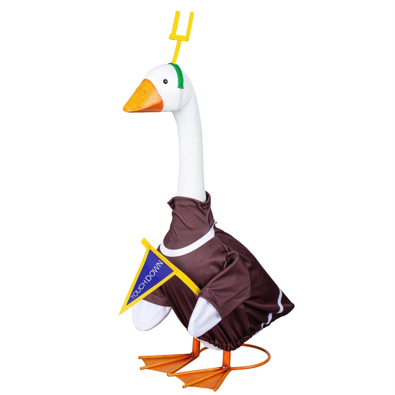 Giddy the Goose dressed in a football goal post outfit with jersey, goal post headpiece, and Touchdown pennant for game day décor.