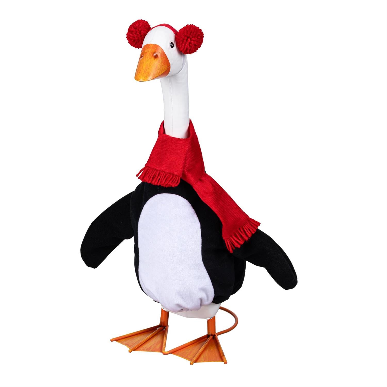 Giddy the Goose Winter Penguin Outfit by Evergreen featuring a black and white penguin design with cozy earmuffs and scarf for winter porch décor.