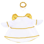 White angel costume with gold trim and halo on a white background