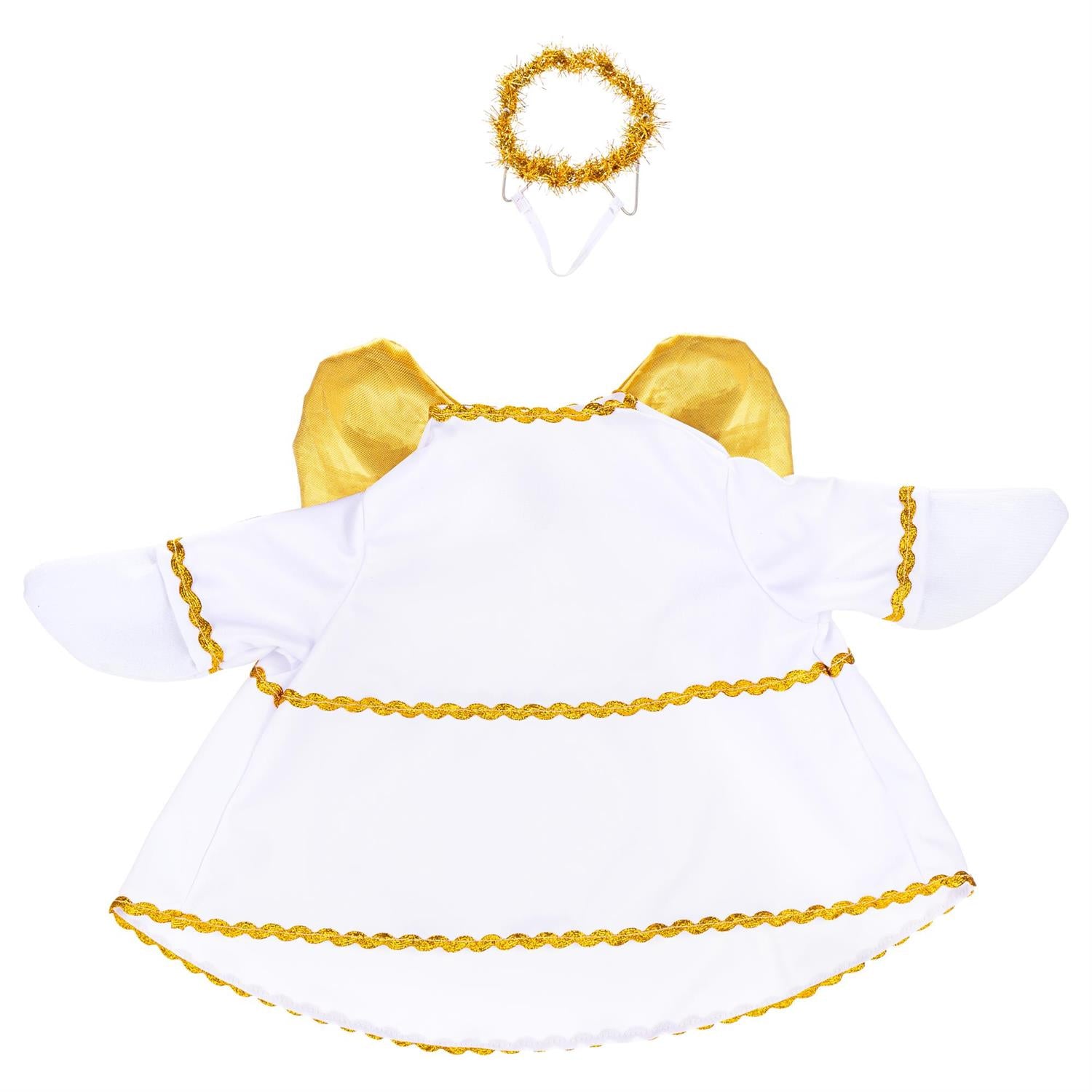 White angel costume with gold trim and halo on a white background