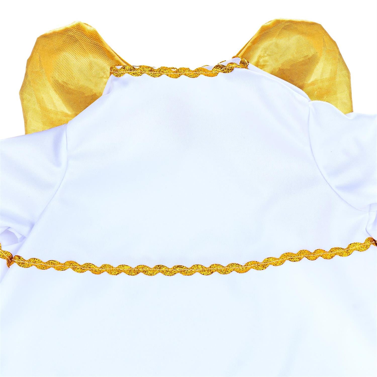White angel costume top with gold satin wings and gold braided trim details, shown on a plain white background.