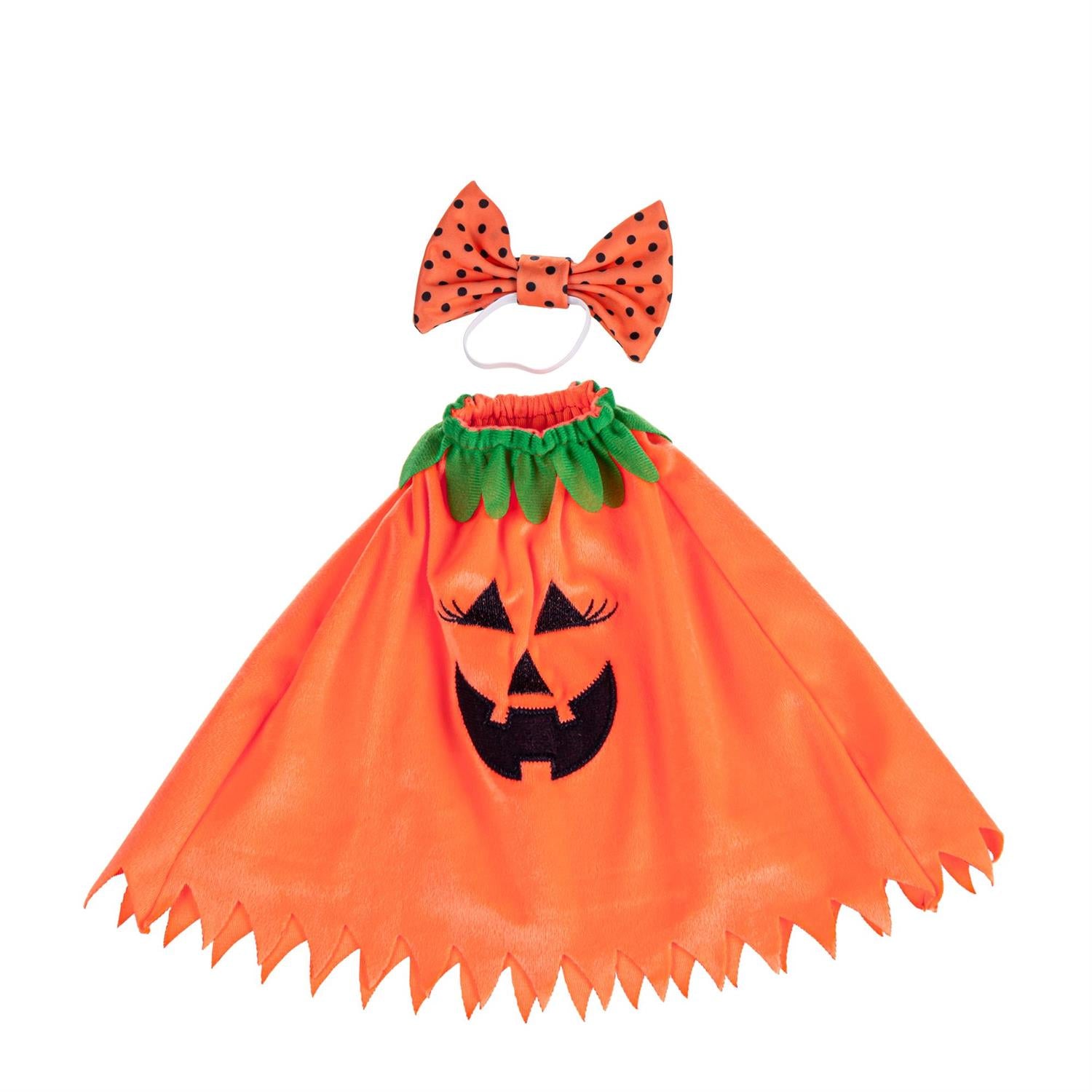 Giddy the Goose Pumpkin Poncho featuring an embroidered jack-o'-lantern face, leafy neckline, and matching polka-dot bow.