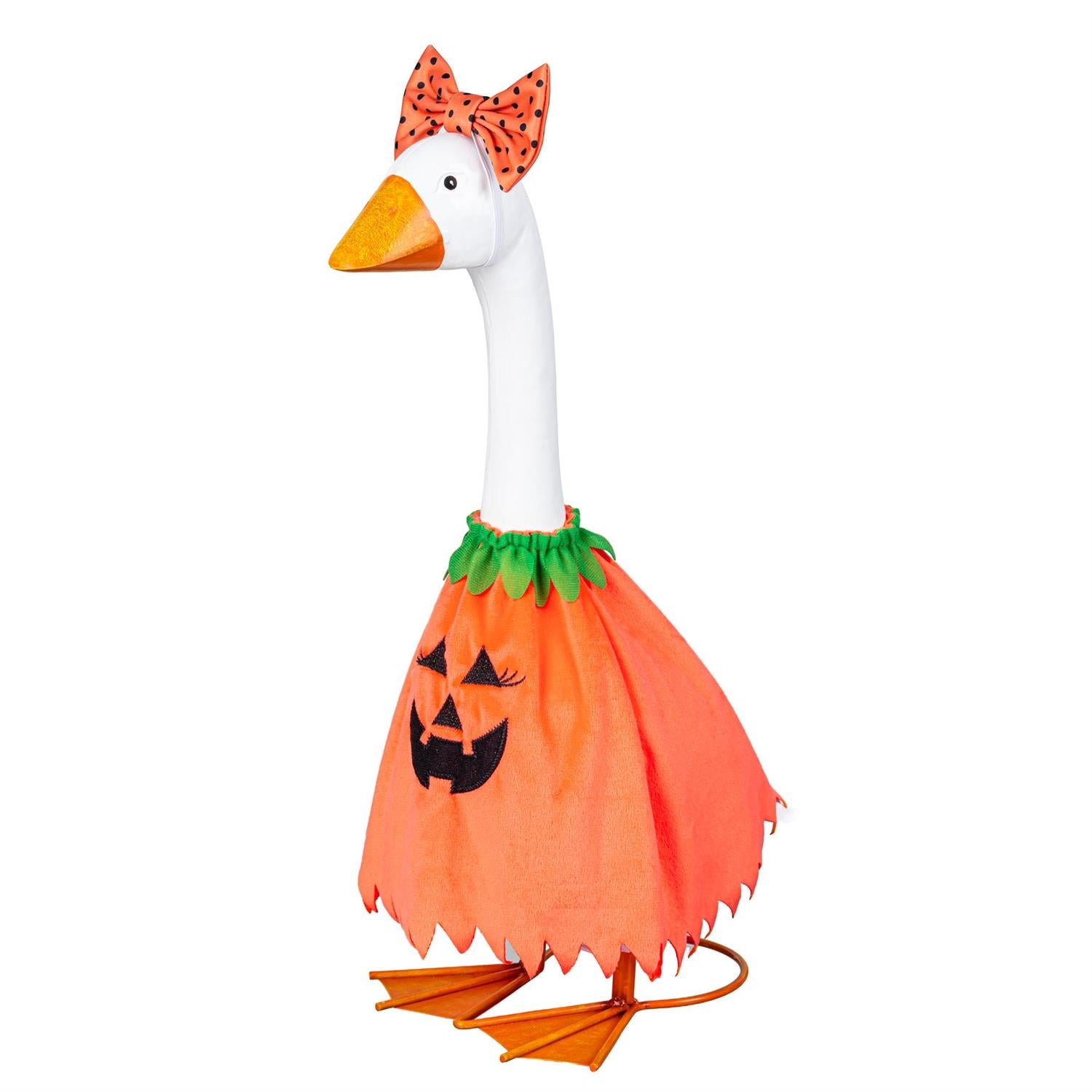 Giddy the Goose dressed in a pumpkin poncho with an embroidered jack-o'-lantern design and polka-dot bow for Halloween décor.