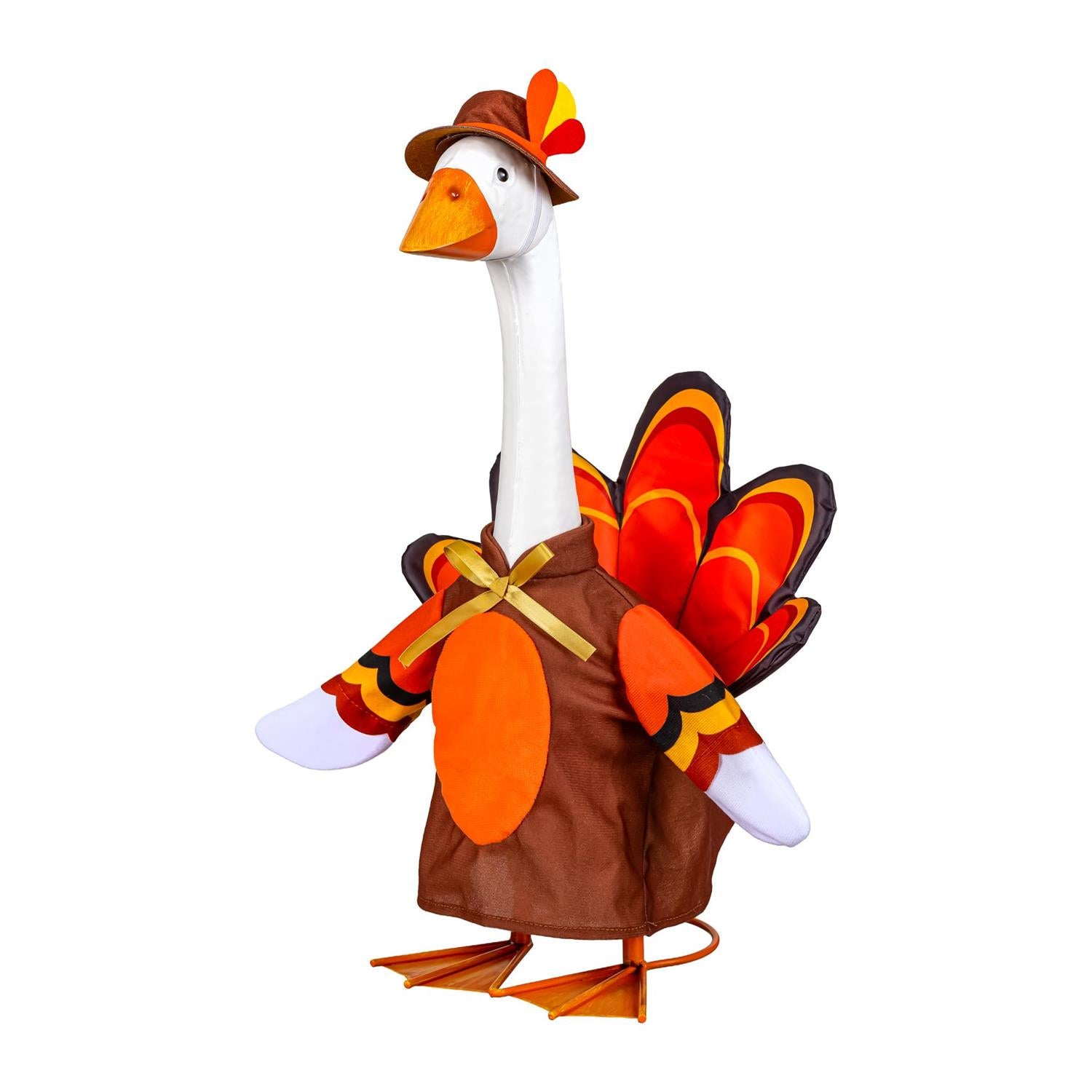 Giddy the Goose dressed in a Thanksgiving turkey outfit with colorful feathers and coordinating hat.