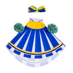 Giddy the Goose Cheerleader Outfit featuring a blue and gold cheer uniform, coordinating bow, and matching pom-poms.
