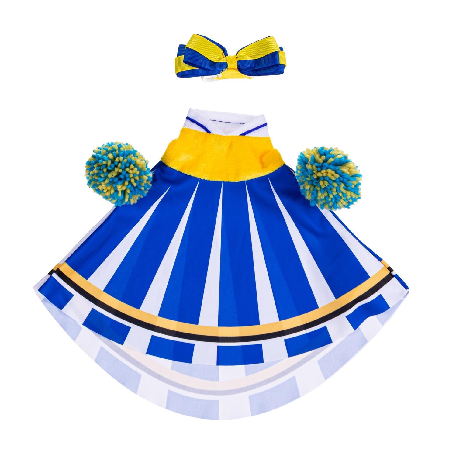Giddy the Goose Cheerleader Outfit featuring a blue and gold cheer uniform, coordinating bow, and matching pom-poms.
