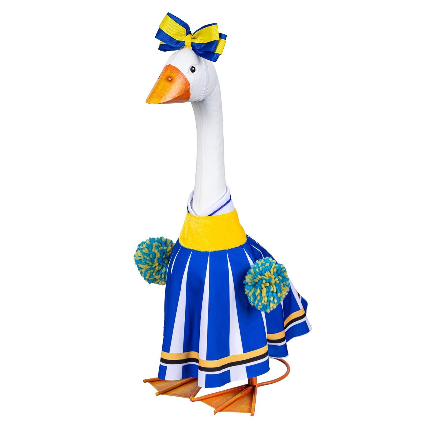 Side view of Giddy the Goose dressed in a blue and gold cheerleader uniform with coordinating bow and pom-poms for game-day decorating.