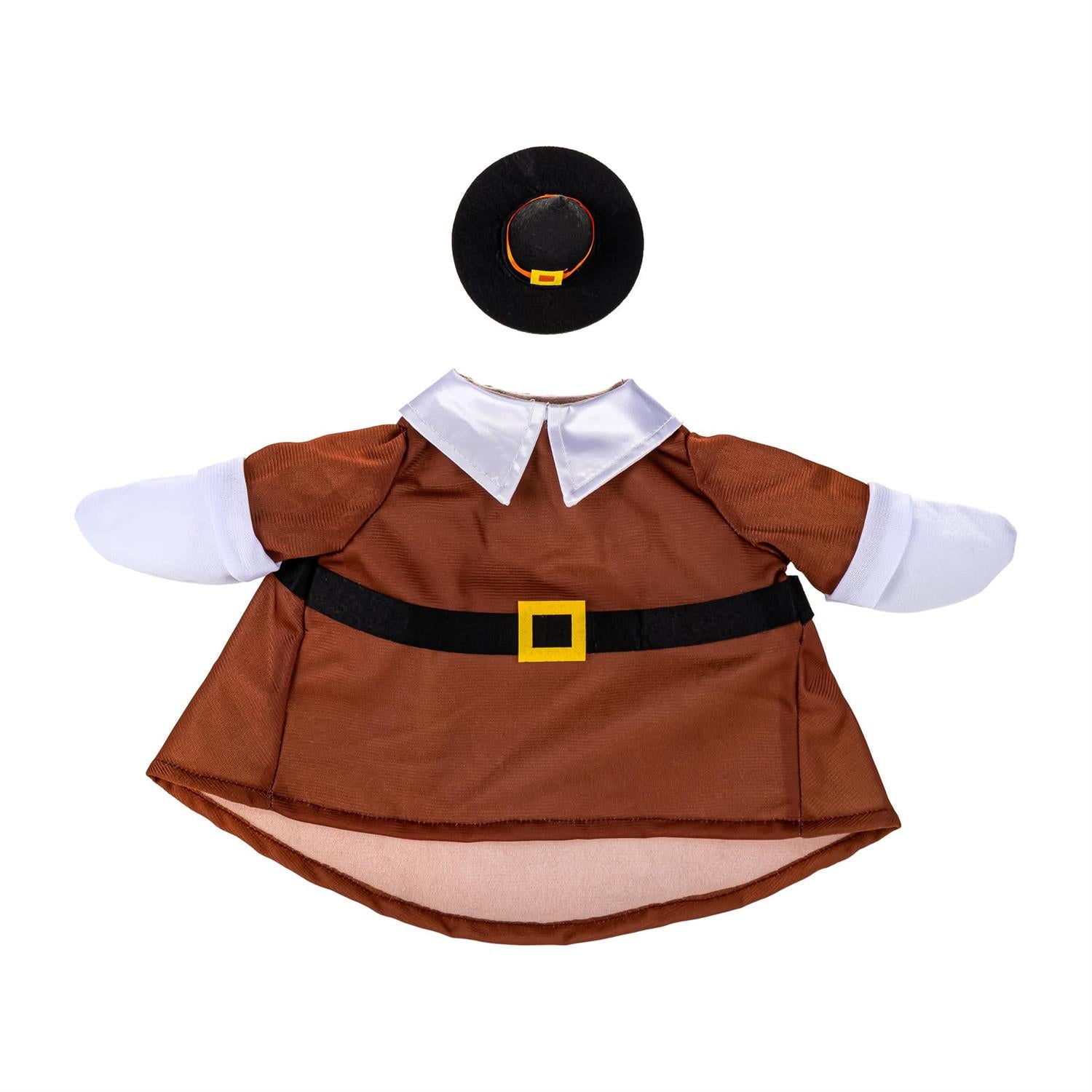Giddy the Goose Harvest Male Pilgrim Outfit featuring a traditional brown Pilgrim tunic with buckle detail and matching black hat.