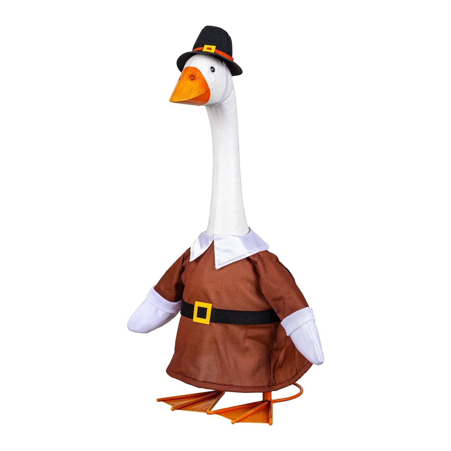Front view of Giddy the Goose dressed in a Harvest Male Pilgrim Outfit with a white collar, brown tunic, and black Pilgrim hat.