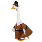 Side view of Giddy the Goose wearing the Harvest Male Pilgrim Outfit for Thanksgiving and fall porch decorating.