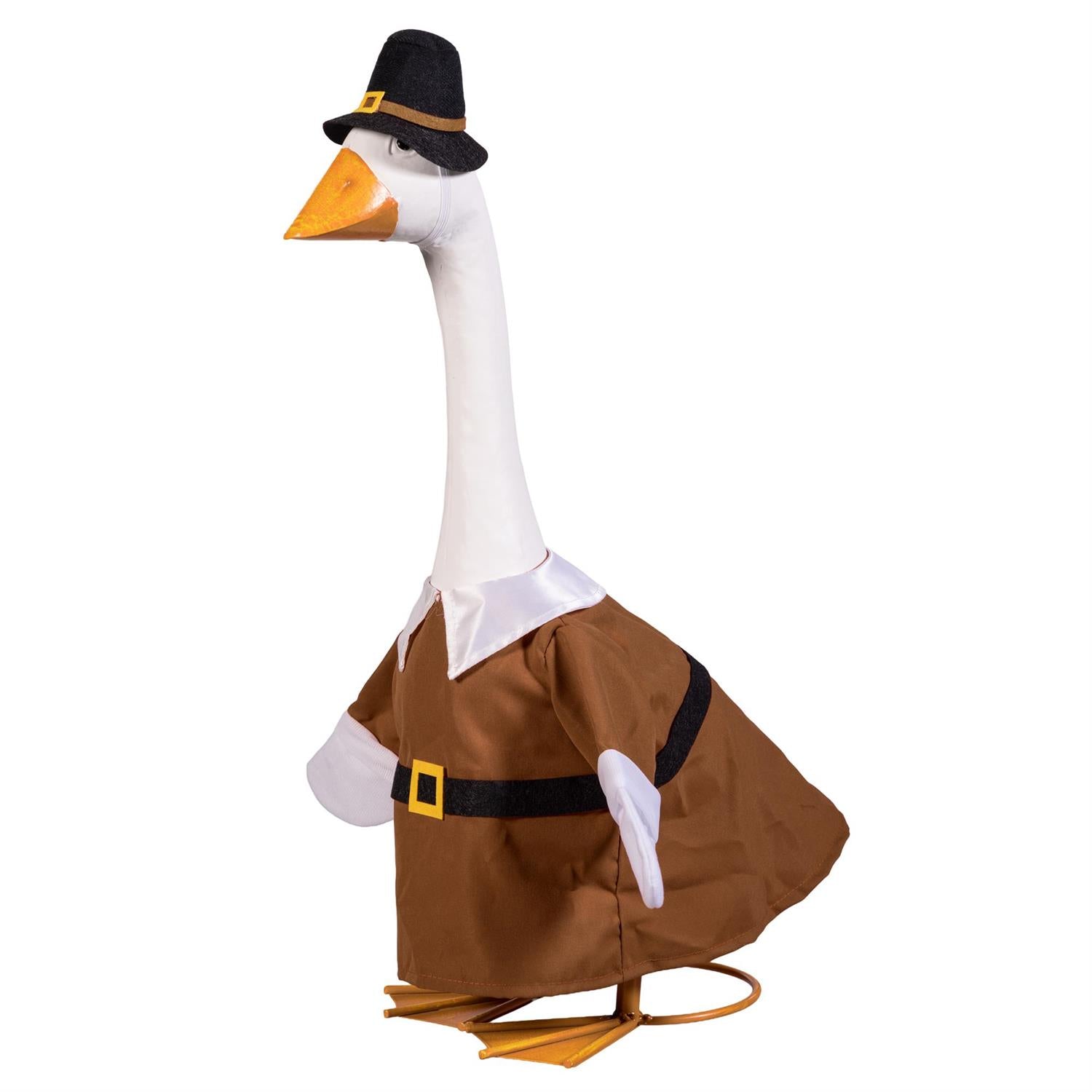 Side view of Giddy the Goose wearing the Harvest Male Pilgrim Outfit for Thanksgiving and fall porch decorating.