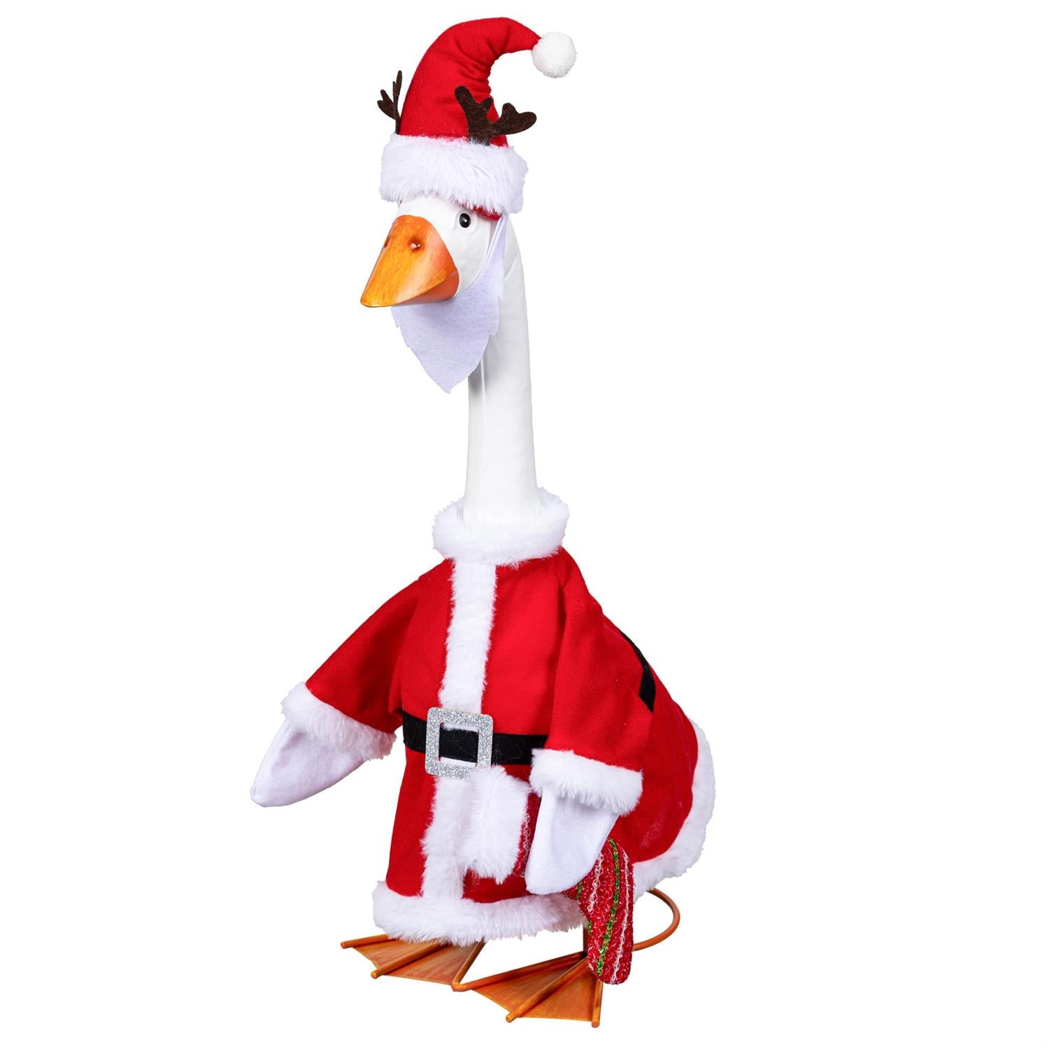 Giddy the Goose Mr. Claus Outfit by Evergreen featuring a classic red and white Santa-inspired design for festive Christmas porch and entryway décor.