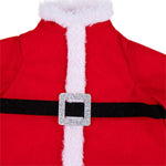 Close-up of a red Santa-style costume or sweater with a white faux-fur collar and trim, a black horizontal belt, and a glittery silver square buckle at the center.
