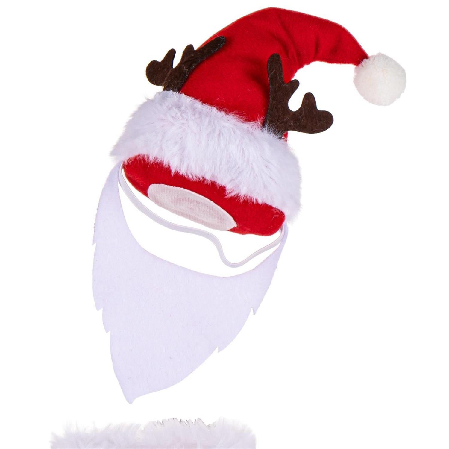 A festive Santa hat and beard costume accessory set on a plain white background. The set includes a red Santa hat with brown reindeer antlers and a white pom-pom, along with a large white felt Santa beard.