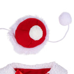 A close-up of a red and white plush accessory with fluffy white trim, a white pom-pom tail, and a partial view of a matching white and red textured garment at the bottom on a white background.