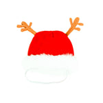 A festive Christmas reindeer hat featuring a red felt crown, white faux fur trim, and two brown felt antlers, with a white chin strap.