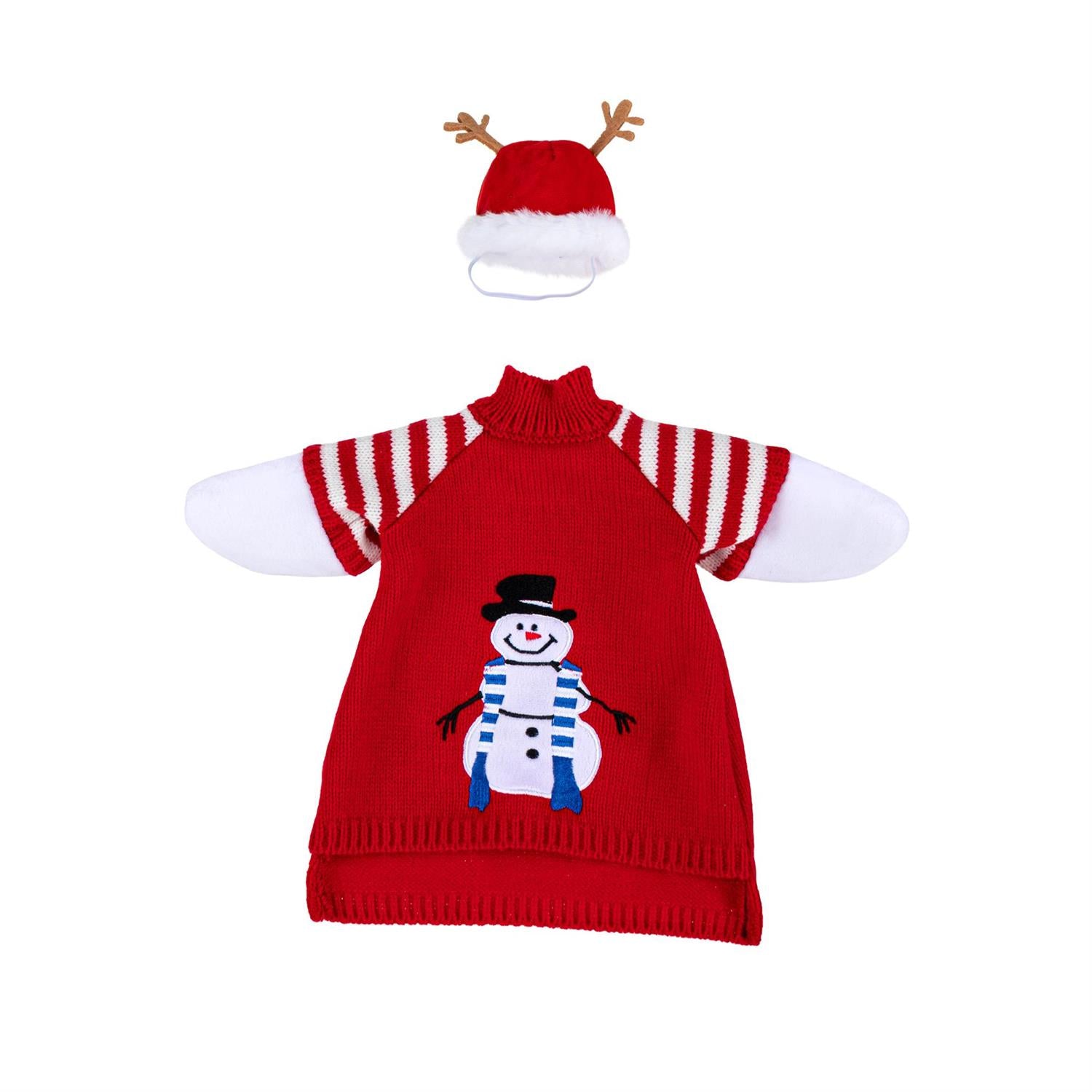 Red sweater with snowman design and matching hat on a white background