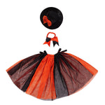 Giddy the Goose Witch Outfit featuring a black witch hat with orange bow, matching neck bow, and layered black and orange tulle skirt.
