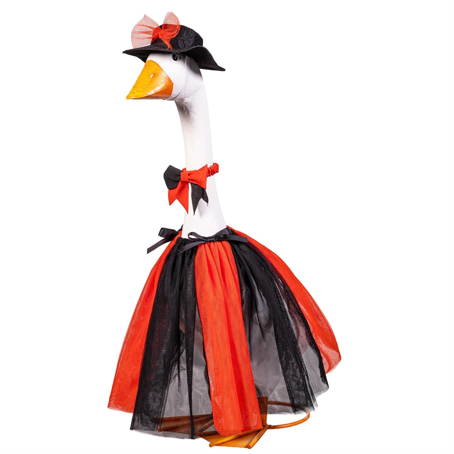 Side view of Giddy the Goose wearing a festive Witch Outfit with a black and orange tulle skirt and coordinating witch hat.