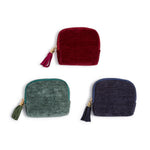 Three small zip-up pouches in red, green, and blue with tassels on a white background