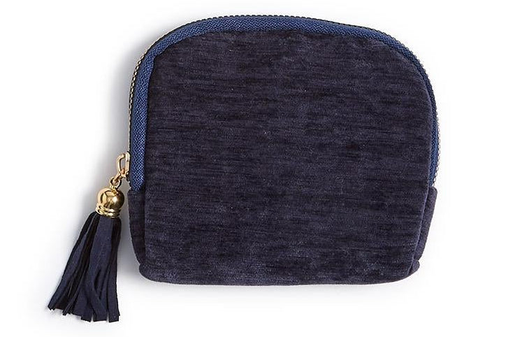 Three small zip-up pouches in red, green, and blue with tassels on a white background