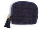 Three small zip-up pouches in red, green, and blue with tassels on a white background