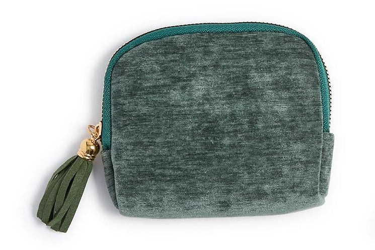 Three small zip-up pouches in red, green, and blue with tassels on a white background